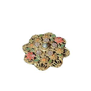 VINTAGE BRASS FILAGREE PAINTED FLORAL BROOCH PIN